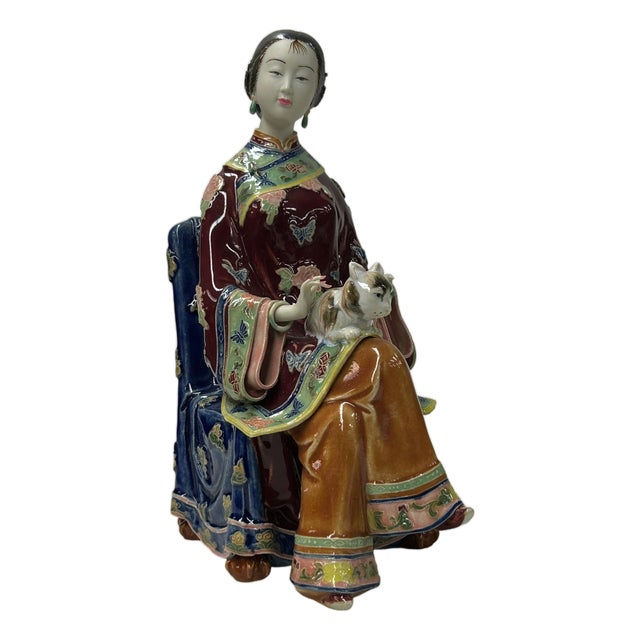Chinese Porcelain Qing Style Dressing Holding Cat Lady Figure For Sale