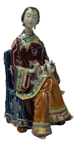 Chinese Porcelain Qing Style Dressing Holding Cat Lady Figure