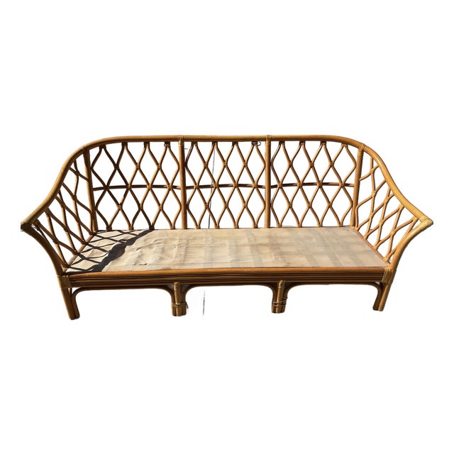 Vintage Coastal Rattan Sofa With Hand-Lashed Leather Bindings (No Cushion) For Sale