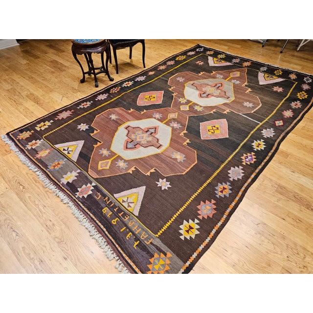 Mid 20th Century Vintage Turkish Kilim Rug, Handwoven Wool, Chocolate Brown, Pale Green, 7x11 For Sale - Image 5 of 15