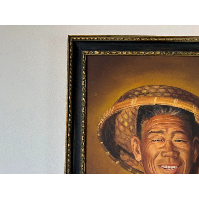 Brown 70's Vintage Oil Portrait Painting of Chinese Man With Hat For Sale - Image 8 of 11
