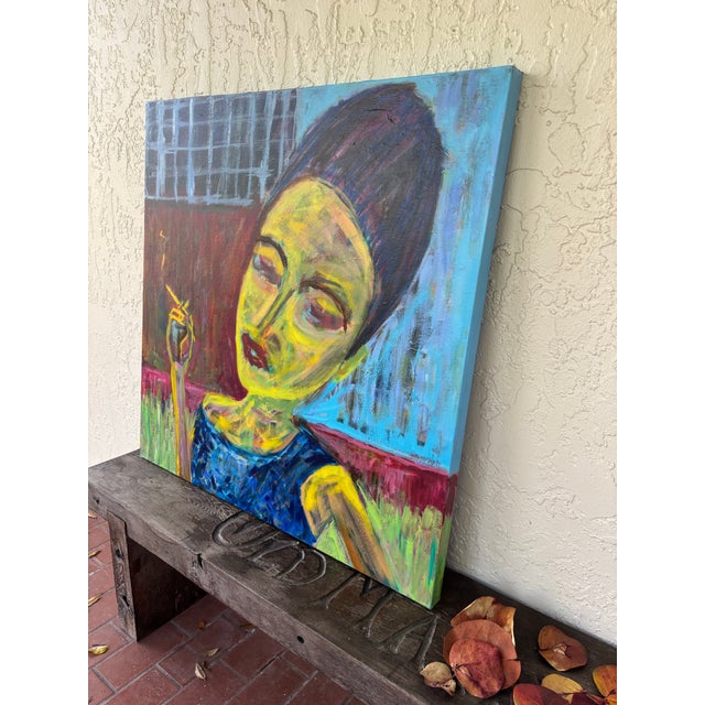 “Between Thoughts” Original Acrylic Contemporary Expressionism Portrait by Linda McDonough For Sale - Image 4 of 12