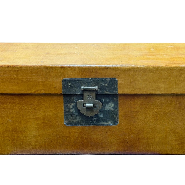 Vintage Scholar Mustard Yellow Leather Rectangular Wood Trunk Box For Sale - Image 10 of 11