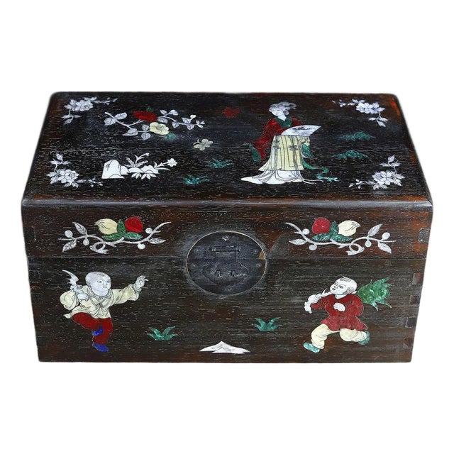 Dark Hardwood Storage Chest, Mother of Pearl Shell Inlay Figural Scenes, Decorative Trunk For Sale