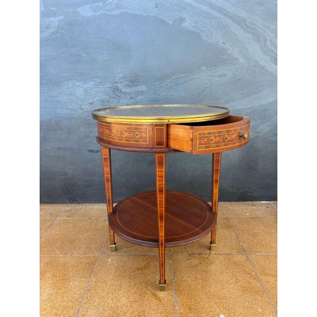 Brown French Louis XVI Style Round Side Table with Marquetry and Drawer, 1930s For Sale - Image 8 of 13