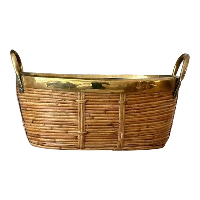Rattan and Brass Bowl With Handles For Sale