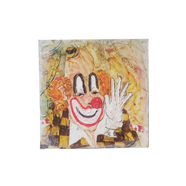 Vintage Del Forsloff painting of a clown. Circa 1970's, oil on Masonite mounting on wooden board backing.