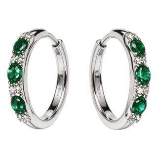 Late 20th Century Pair of 14K White Gold Hoop Earrings Emerald Diamond Estate Luxury Jewelry For Sale