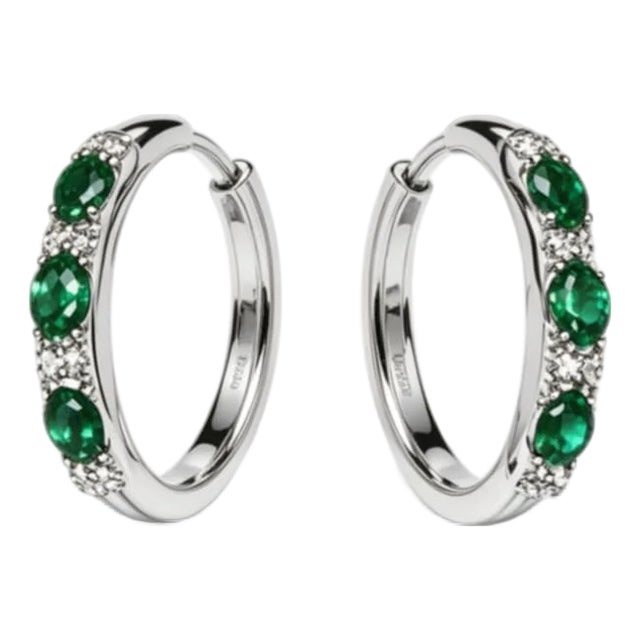 Late 20th Century Pair of 14K White Gold Hoop Earrings Emerald Diamond Estate Luxury Jewelry For Sale