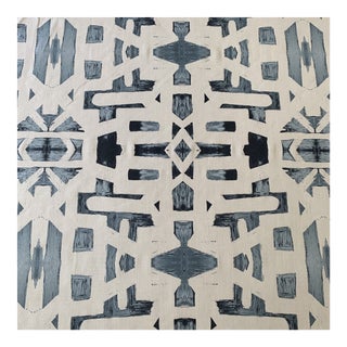 Lindsay Cowles Hand Printed Blue on White Linen Fabric- 2 Yards For Sale
