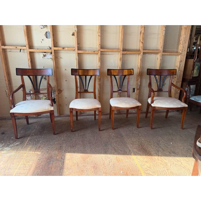 Set of 4 Century Biedermeier Neoclassical Style Dining Room Chairs 2 Armchairs and 2 side chairs It features Satinwood...