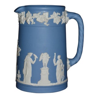 Vintage Wedgwood England Portland Jasperware Grape Pitcher Blue & White For Sale