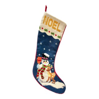 Vintage Needlepoint Christmas Stocking – Noel Snowman & Reindeer For Sale