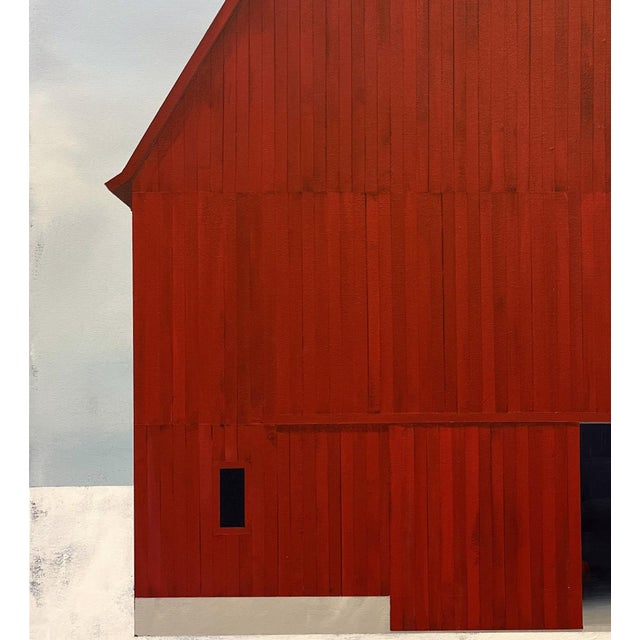2020s Midwinter by Justin Wheatley | Acrylic on Canvas Red Barn in Snow For Sale - Image 5 of 11