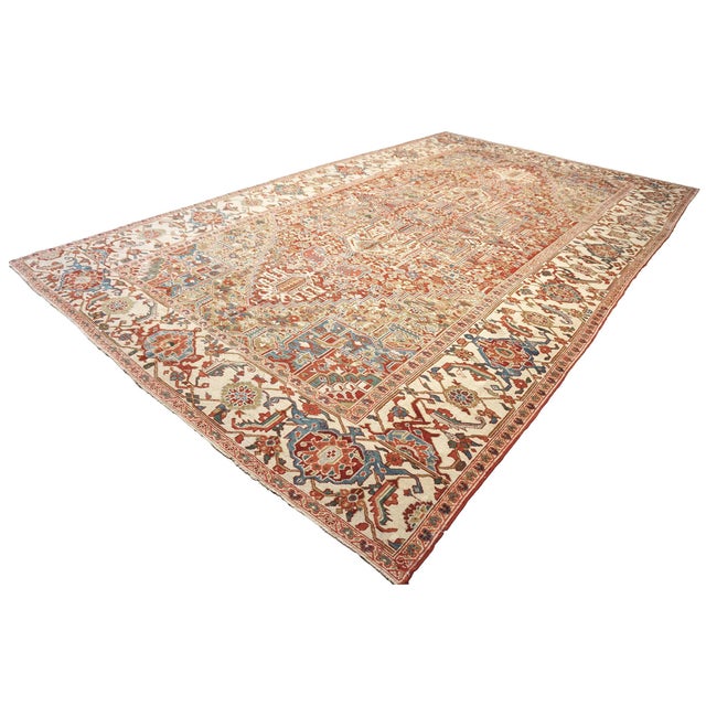 Textile Antique Persian Heriz Wool 11X19 Rust, Ivory & Blue Handmade Area Rug #1140939 For Sale - Image 7 of 17