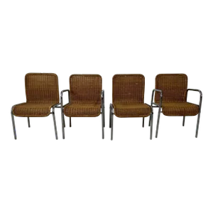 Set of 4 Tubular Chrome and Rattan Dining Chairs