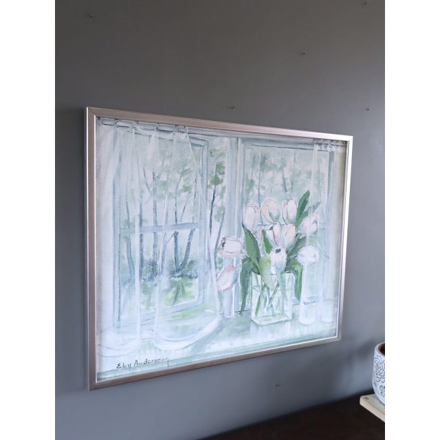 Mid-Century Modern 'Morning Light With Tulips' Vintage Original Swedish Interior Still Life Oil Painting, Framed For Sale - Image 4 of 10
