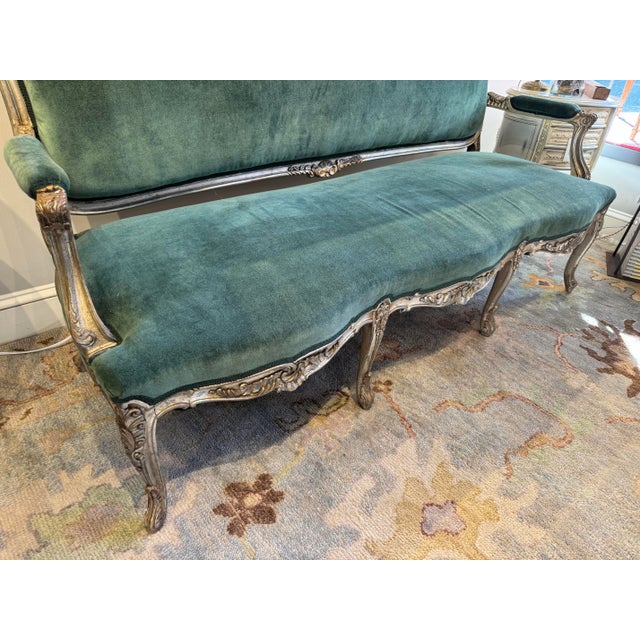 Textile Antique 19th Century Louis XV Style Velvet Settee With Silver Leaf For Sale - Image 7 of 11