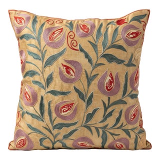 Contemporary Outpost Original Mauve Embroidered Suzani Pillow For Sale