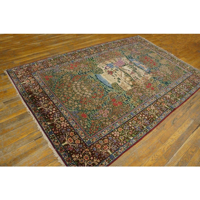 Tribal 1920s Fine Green Small Pictorial Garden of Paradise Antique Floral Kerman Rug For Sale - Image 3 of 6