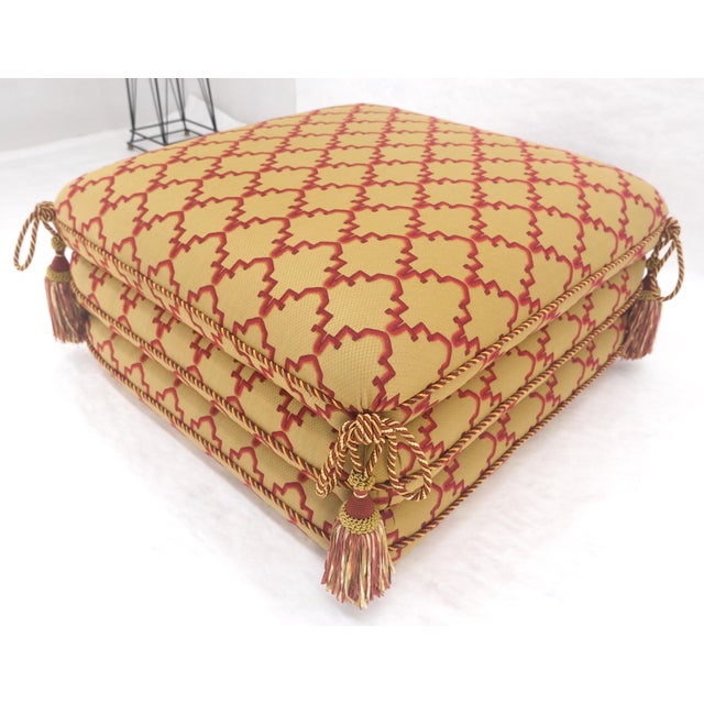 Textile Fancy Sandwich Style Upholstered Pouf Ottoman Hassock Tassels Decorated MINT For Sale - Image 7 of 9