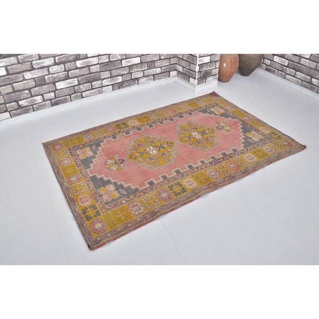 Boho Chic Anatolian Low Pile Rug in Red & Yellow For Sale - Image 3 of 11