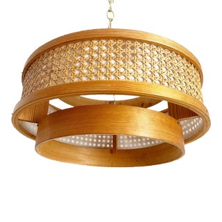 Midcentury Caned Wicker Pendant Light For Sale