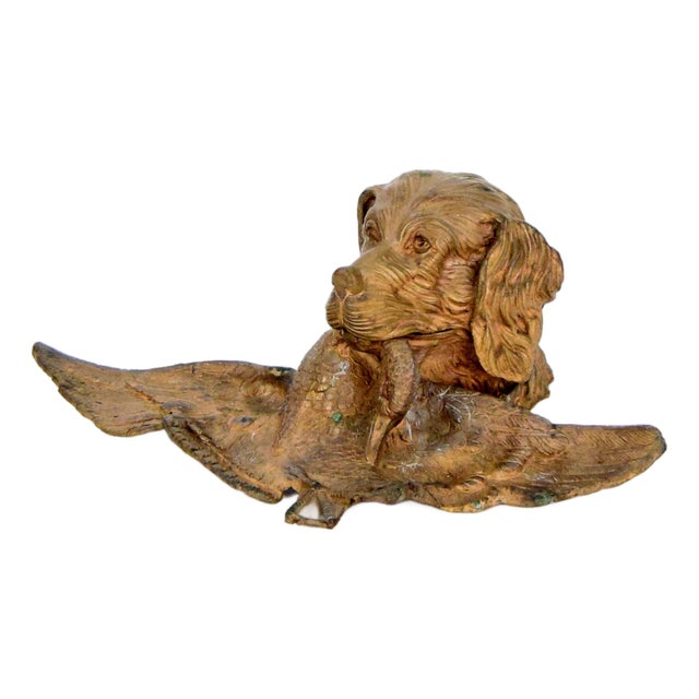 Antique Bronze Hunting Dog Inkwell with Duck, 1900s For Sale