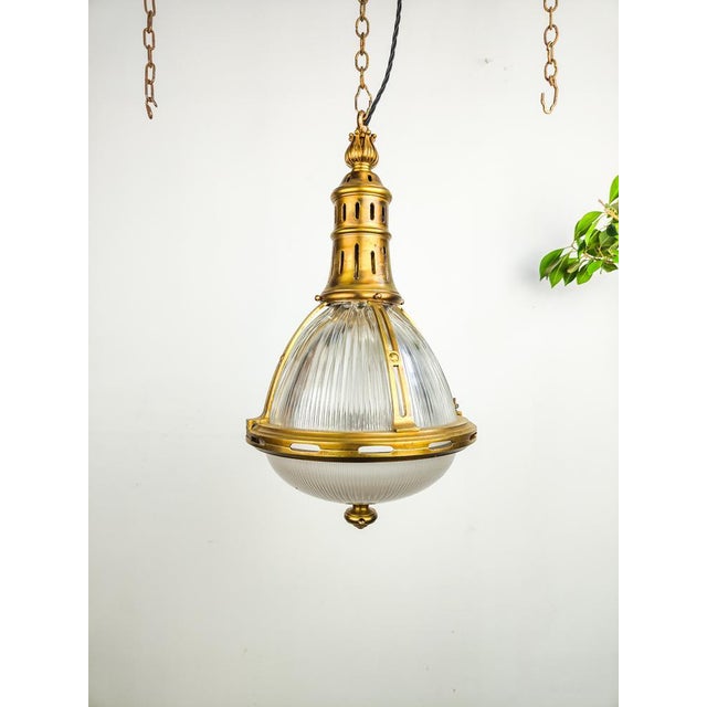 Metal Brass 2 Part Glass Holophane Pendant Light, Belgian, 1890s For Sale - Image 7 of 7