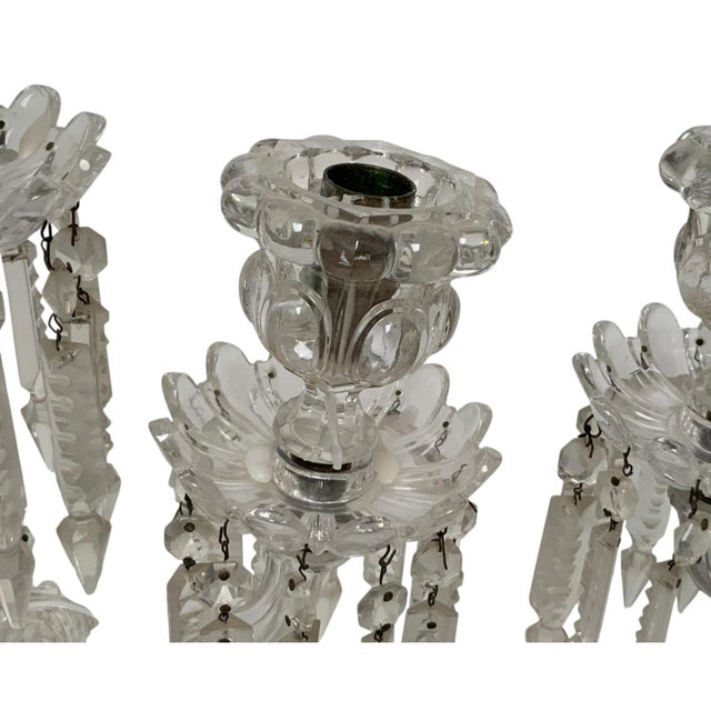 Metal Vintage Pair 14" Modular Crystal 3-Light Candelabras Threaded European Lead Crystal Complete With Prisms For Sale - Image 7 of 12