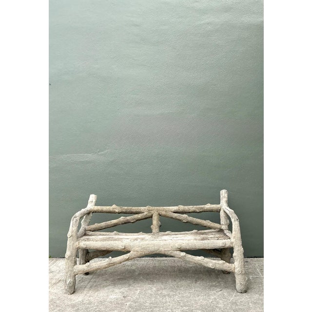 Metal Vintage Faux Bois Concrete Garden Bench For Sale - Image 7 of 13