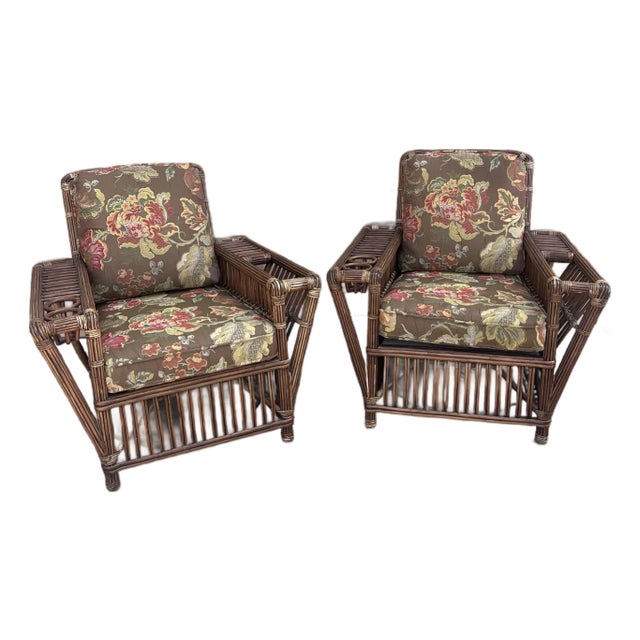 only 1 chair left Great vintage Palecek "Roosevelt Presidential" stick rattan lounge armchair which features built-in...