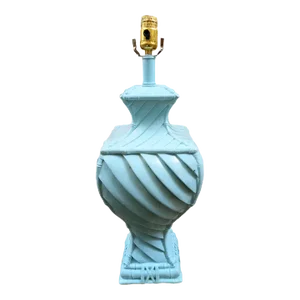 Vintage Painted Robins Egg Blue Pleated Faux Bamboo Table Lamp