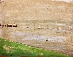 Boris Vassiloff, Marinescape with Boat Long Island NYC Oil Painting