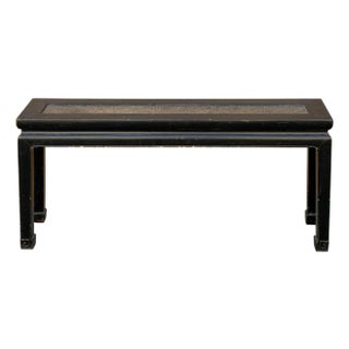 Distressed Rustic Black Lacquer Rattan Narrow Wood Bench Table For Sale