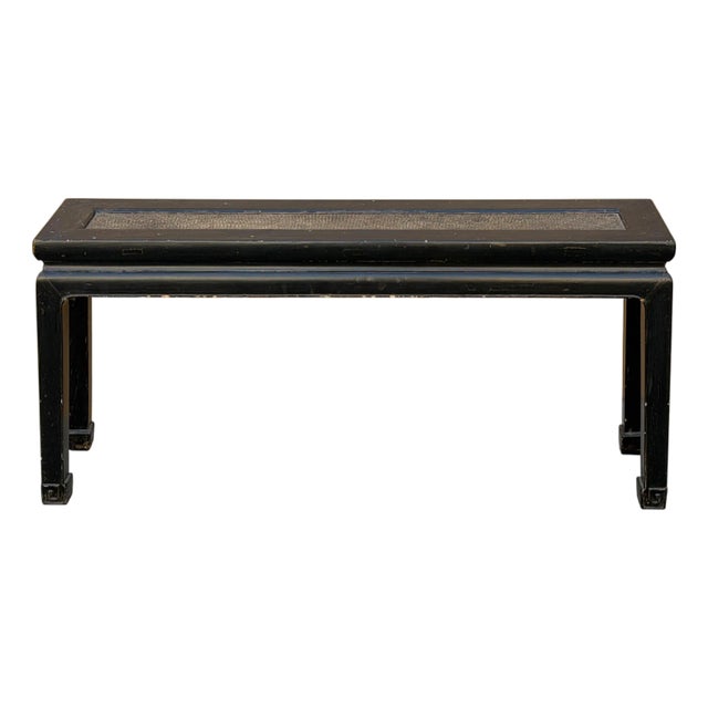 Distressed Rustic Black Lacquer Rattan Narrow Wood Bench Table For Sale