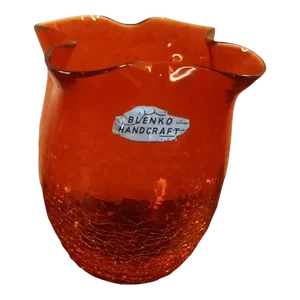 1980s Blenko Handcrafted Crackled Cranberry Red Glass Scalloped Edge Vase