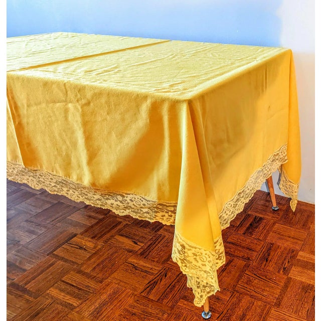 Hollywood Regency Large Vintage Mustard Yellow Lace Trimmed Table Cloth 66" by 82" For Sale - Image 3 of 7