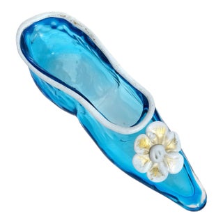 Murano Venetian Antique White Blue Gold Flecks Italian Art Glass Ballet Slipper Fashion Shoe Sculpture For Sale