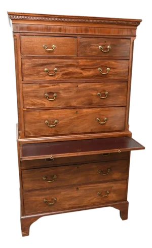 Antique Georgian English Mahogany Chest on Chest, Bracket Feet Pull Out Slide