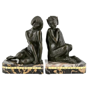 Art Deco Bronze Nymph and Faun Bookends by Pierre Le Faguays, Set of 2