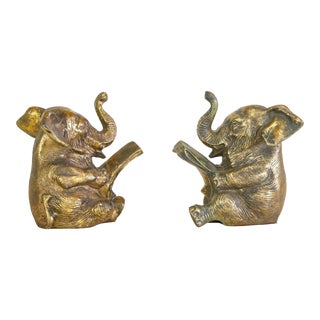 Vintage Pair of Gilt Metal Elephant Bookends For Sale