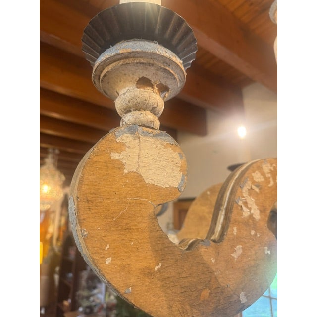 Blue Early 20th Century Large Blue and White Chippy Wood Chandelier For Sale - Image 8 of 14