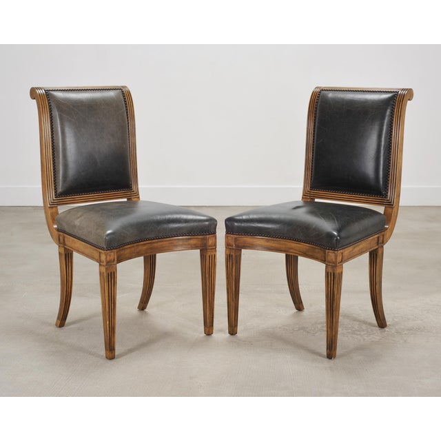 Charcoal Set of Six Michael Taylor Regency Style Leather Dining Chairs For Sale - Image 8 of 18