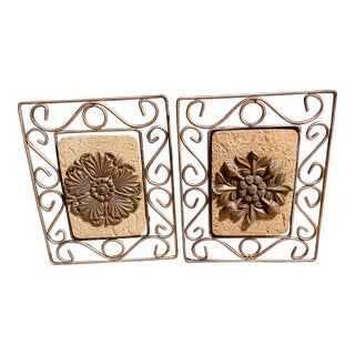 2 Decorative, Ornate Iron Framed Ceramic Tile Plaques With Applied Iron Cast Geometric/Floral Designs For Sale