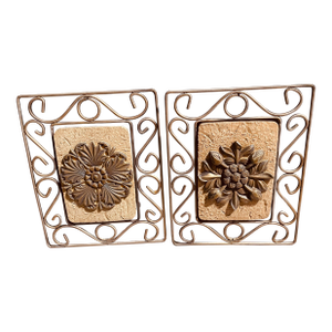2 Decorative, Ornate Iron Framed Ceramic Tile Plaques With Applied Iron Cast Geometric/Floral Designs