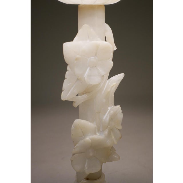 Stone 1930s Neoclassical Floral Column Carved Alabaster Marble Brass Table Lamp For Sale - Image 7 of 10