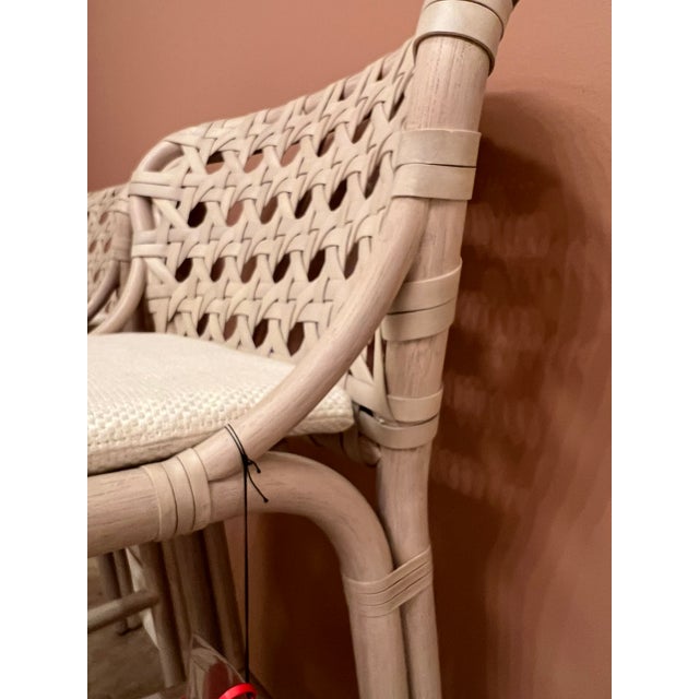 Baker McGuire Exalt Bar Stools, Set of 2 Rattan Frame with Rawhide Weave and One Bronze Kickplate. Loose Upholstered Seat...