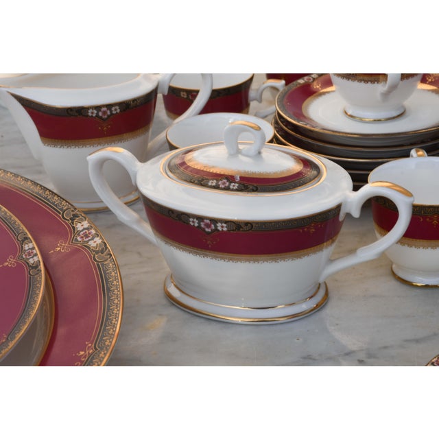 1960s Elegant Mid-Century Japanese Bone China Service for 12 in White and Noble Red For Sale - Image 4 of 17