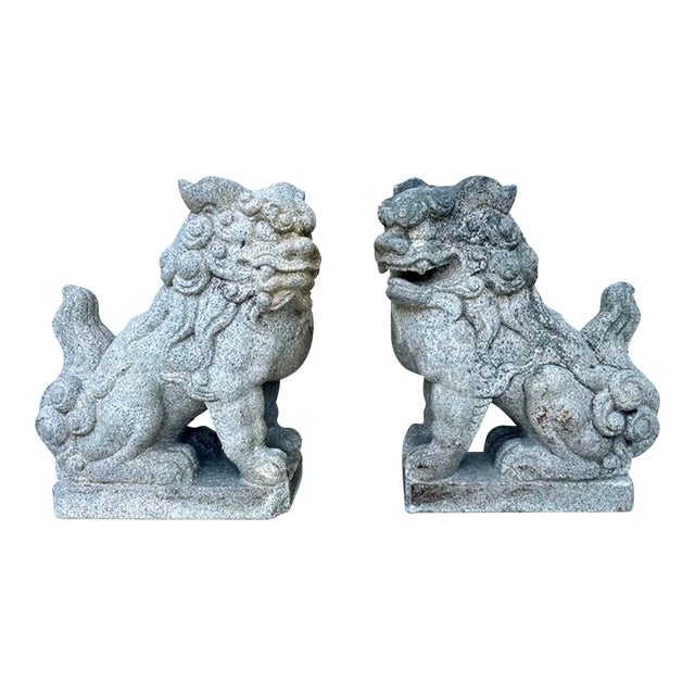 Rare Late 19th Century Meiji Era Japanese Granite Komainu Guardian Lions Hand Carved Stone Foo Dogs / Shishi Pair (C. 1890) For Sale